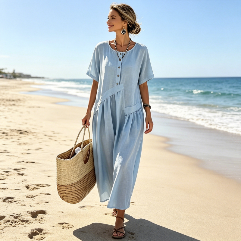 Women's Button-Front Short Sleeve Maxi Dress