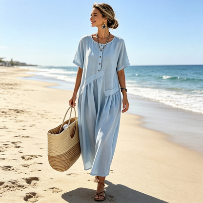 Women's Button-Front Short Sleeve Maxi Dress