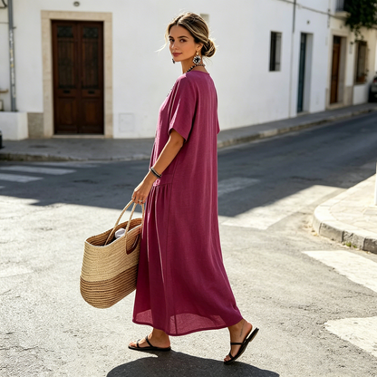 Women's Button-Front Short Sleeve Maxi Dress