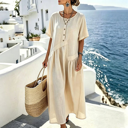 Women's Button-Front Short Sleeve Maxi Dress
