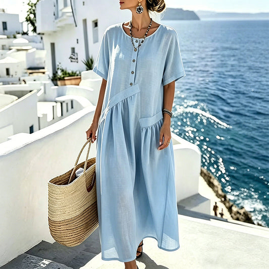 Women's Button-Front Short Sleeve Maxi Dress
