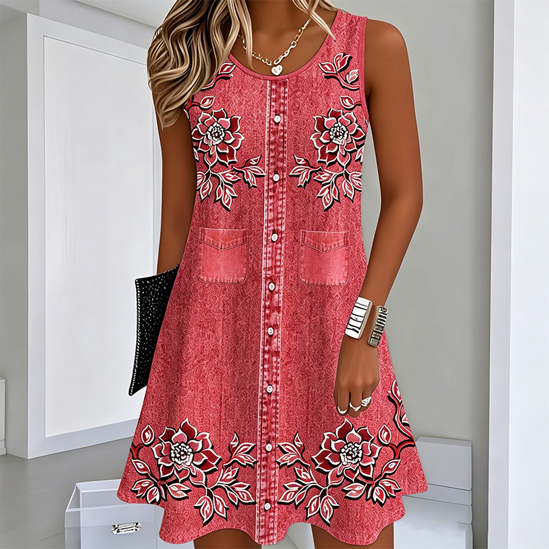 Women's Sleeveless Floral Button Down Dress