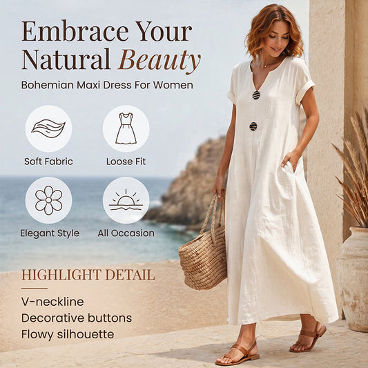 🌿 Summer Midi Dress with V-Neck & Decorative Buttons – Light Linen Material, Short Flared Sleeves – Simple Elegance for the Woman with Taste ✨