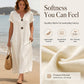 🌿 Summer Midi Dress with V-Neck & Decorative Buttons – Light Linen Material, Short Flared Sleeves – Simple Elegance for the Woman with Taste ✨