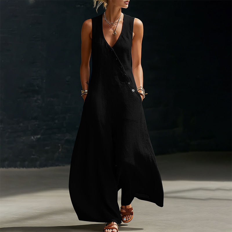 Women's Sleeveless V-Neck Jumpsuit with Pockets