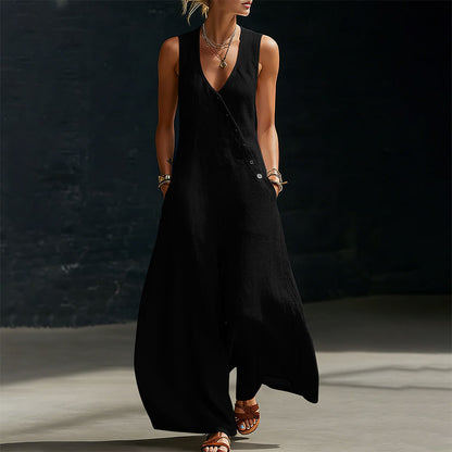Women's Sleeveless V-Neck Jumpsuit with Pockets