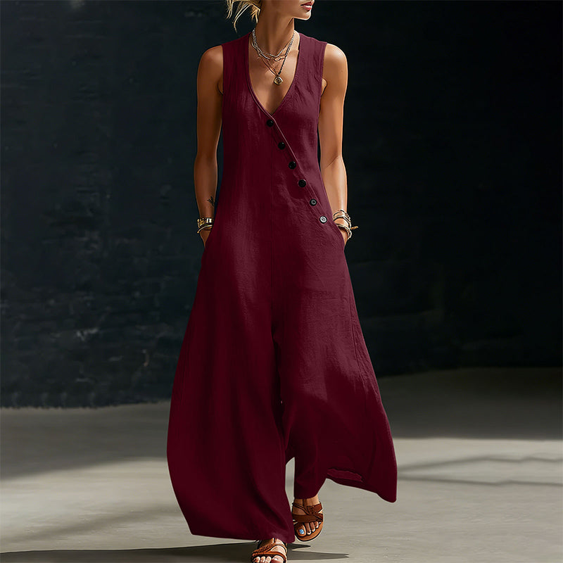 Women's Sleeveless V-Neck Jumpsuit with Pockets