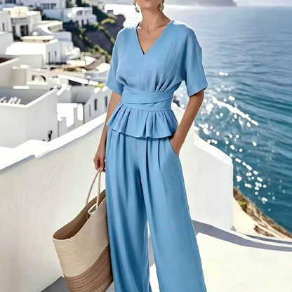Women's Wrap Waist Top & Wide-Leg Pants Set