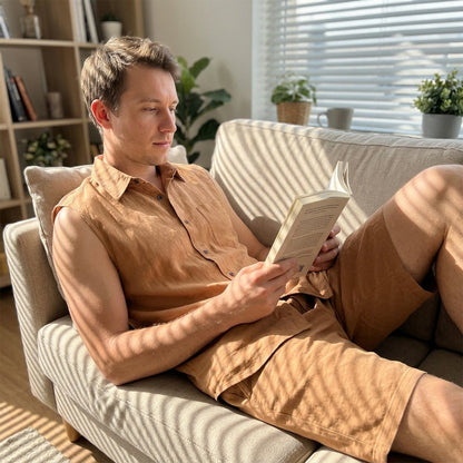 Men's Linen Sleeveless Shirt & Shorts Set