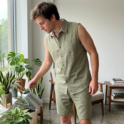 Men's Linen Sleeveless Shirt & Shorts Set