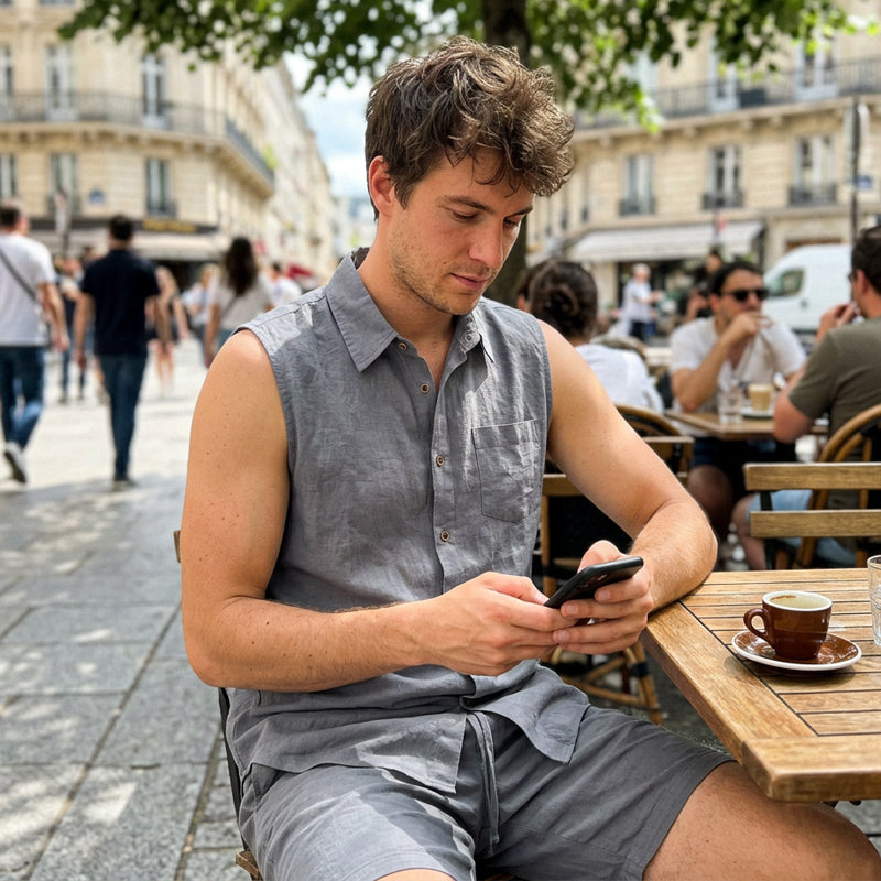 Men's Linen Sleeveless Shirt & Shorts Set