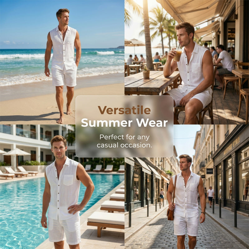 Men's Linen Sleeveless Shirt & Shorts Set