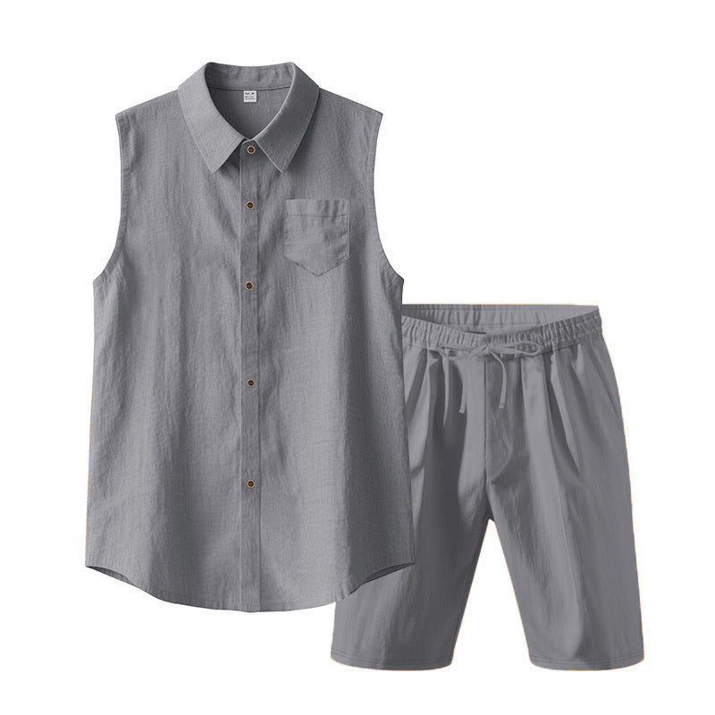 Men's Linen Sleeveless Shirt & Shorts Set