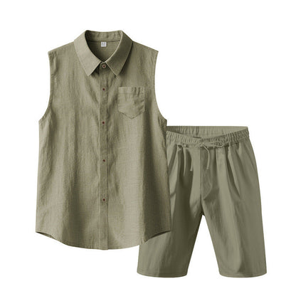 Men's Linen Sleeveless Shirt & Shorts Set