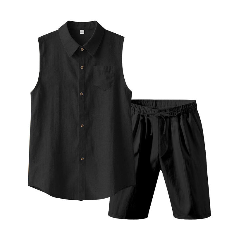 Men's Linen Sleeveless Shirt & Shorts Set