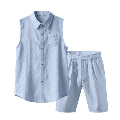 Men's Linen Sleeveless Shirt & Shorts Set