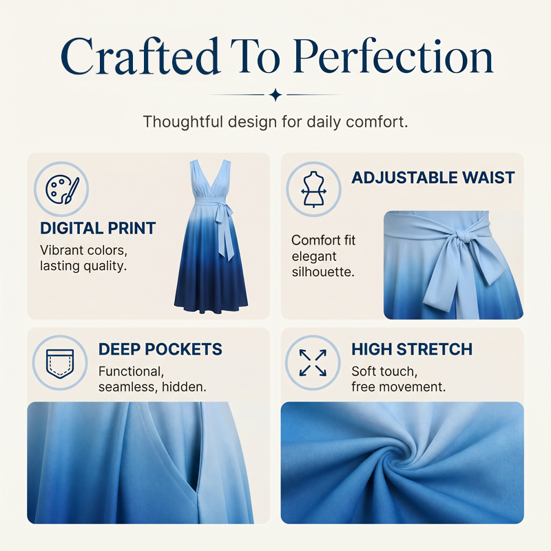 Women's Elegant V-Neck Gradient Dress with Pockets