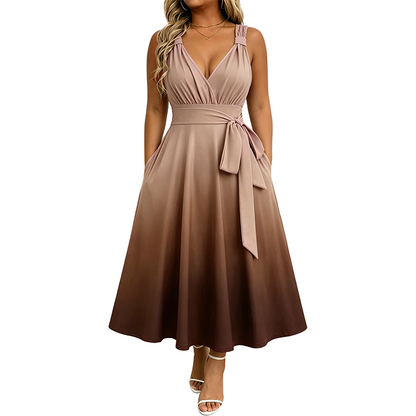 Women's Elegant V-Neck Gradient Dress with Pockets