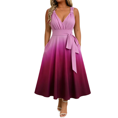 Women's Elegant V-Neck Gradient Dress with Pockets