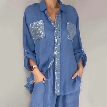Women's Sequin Shirt & Wide-Leg Pants Set