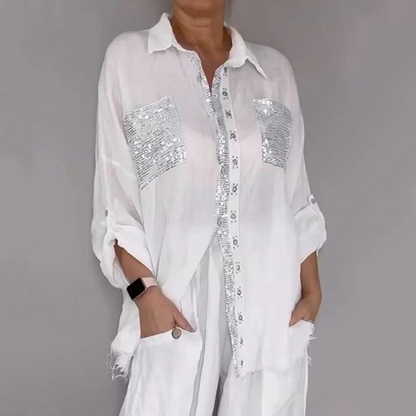 Women's Sequin Shirt & Wide-Leg Pants Set