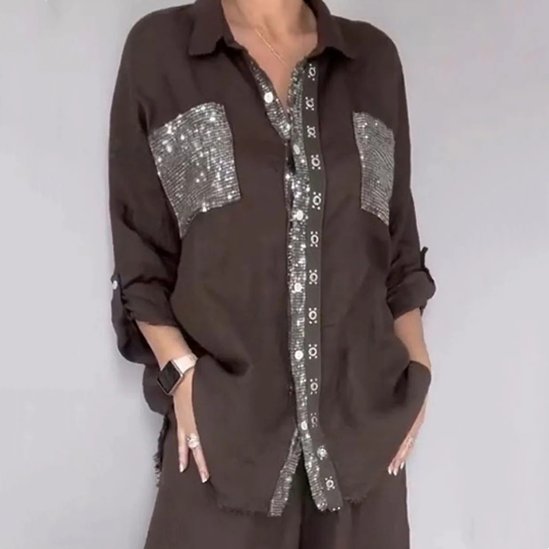 Women's Sequin Shirt & Wide-Leg Pants Set