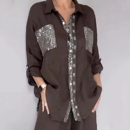 Women's Sequin Shirt & Wide-Leg Pants Set