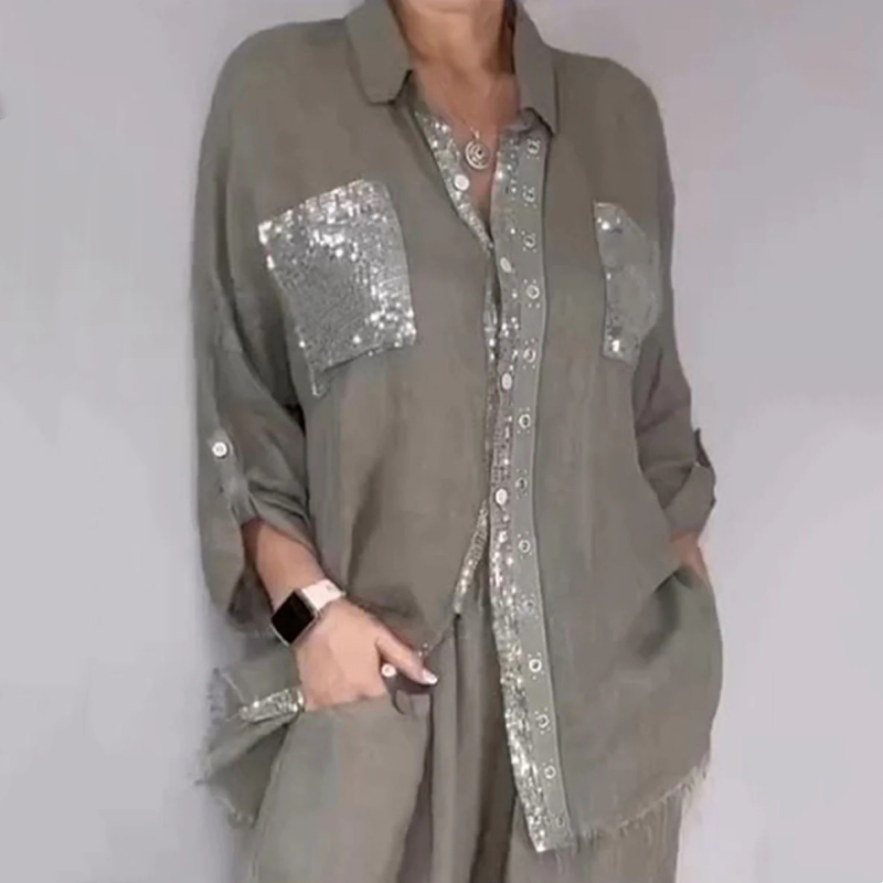 Women's Sequin Shirt & Wide-Leg Pants Set