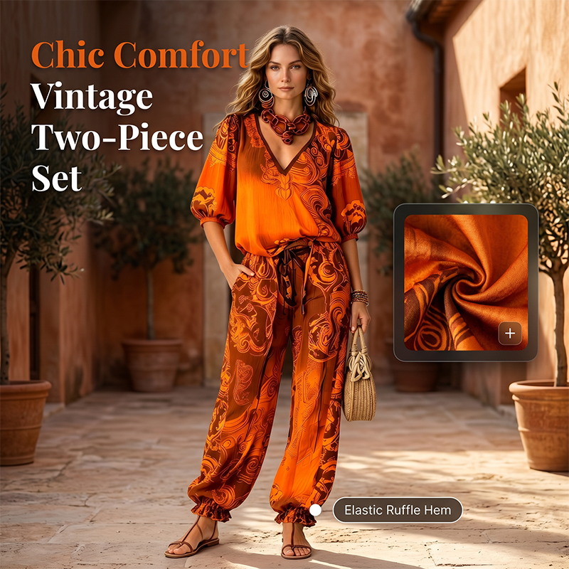 Women's Vintage V-Neck Top and Pants Set