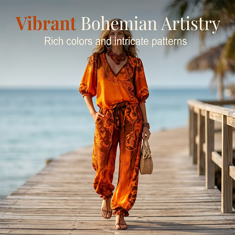 Women's Vintage V-Neck Top and Pants Set