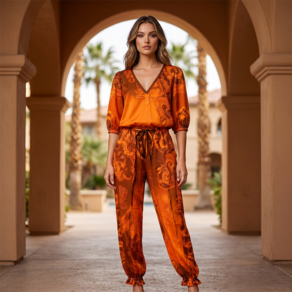 Women's Vintage V-Neck Top and Pants Set