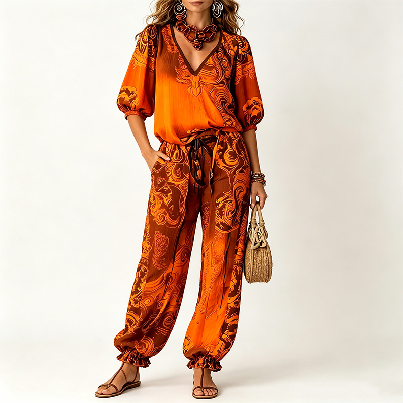 Women's Vintage V-Neck Top and Pants Set