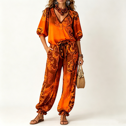 Women's Vintage V-Neck Top and Pants Set