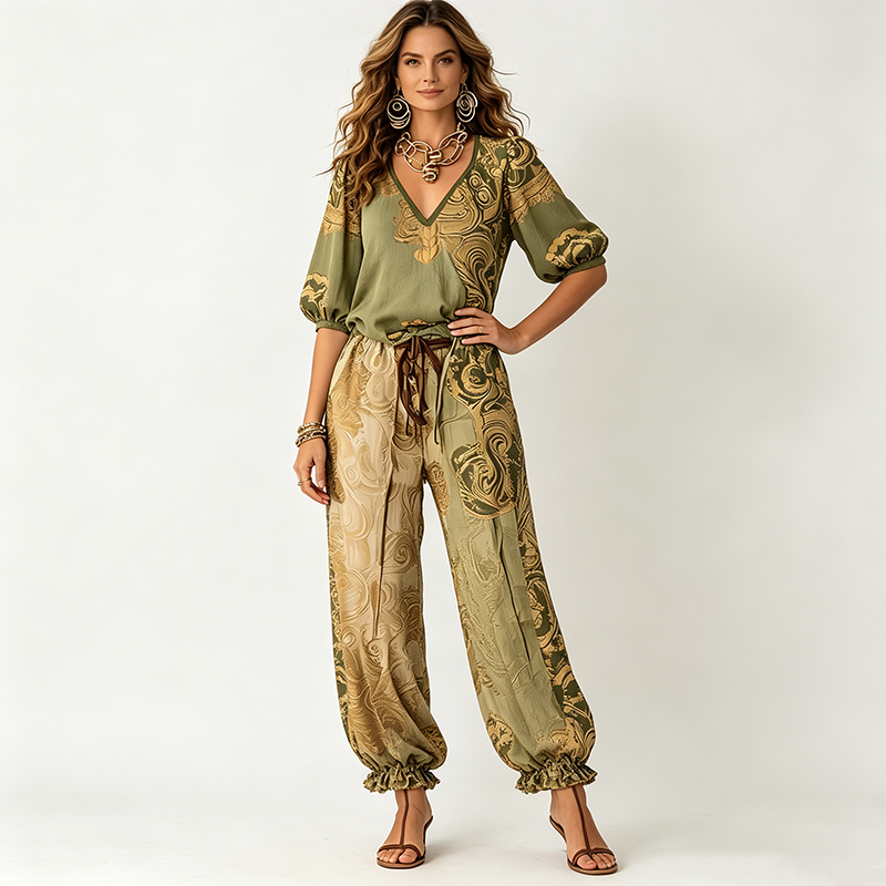 Women's Vintage V-Neck Top and Pants Set