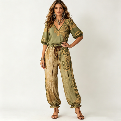 Women's Vintage V-Neck Top and Pants Set