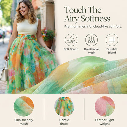 Women's Watercolor Floral Print Tulle Midi Skirt