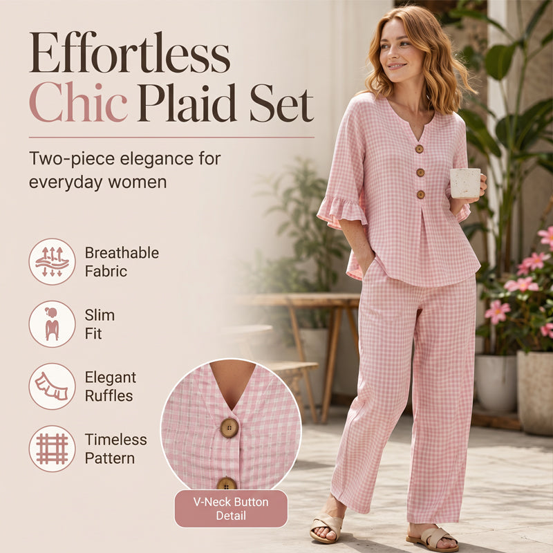 Women's Plaid Ruffle Sleeve V-Neck Top & Pants Set