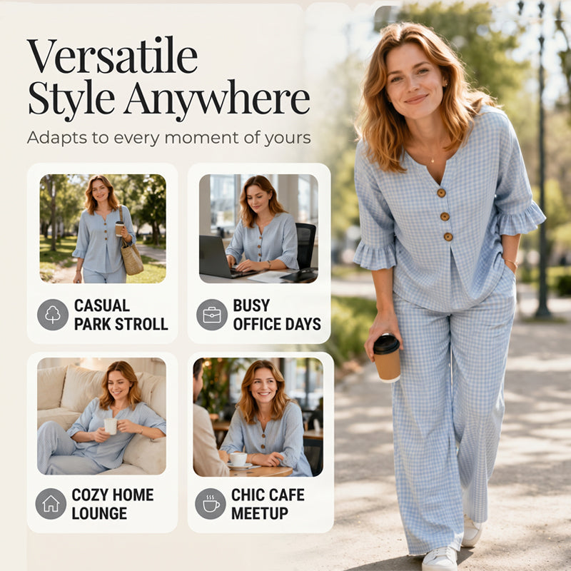 Women's Plaid Ruffle Sleeve V-Neck Top & Pants Set