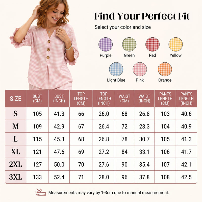 Women's Plaid Ruffle Sleeve V-Neck Top & Pants Set