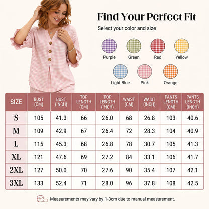 Women's Plaid Ruffle Sleeve V-Neck Top & Pants Set