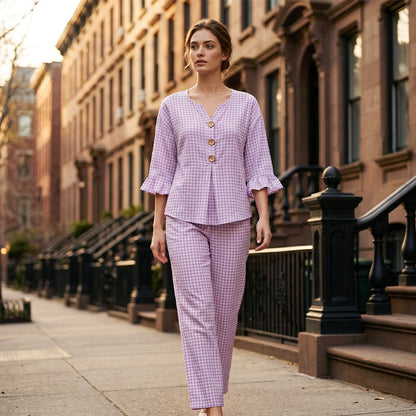 Women's Plaid Ruffle Sleeve V-Neck Top & Pants Set