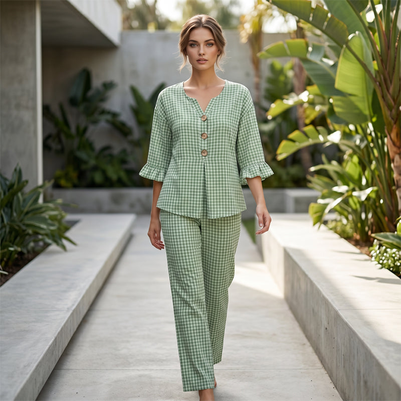 Women's Plaid Ruffle Sleeve V-Neck Top & Pants Set