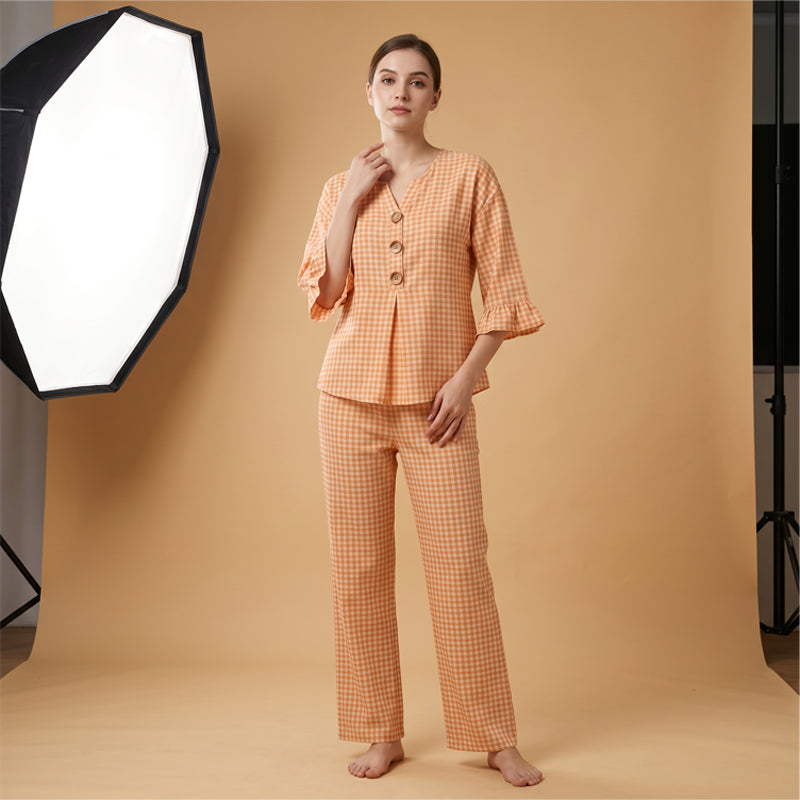 Women's Plaid Ruffle Sleeve V-Neck Top & Pants Set
