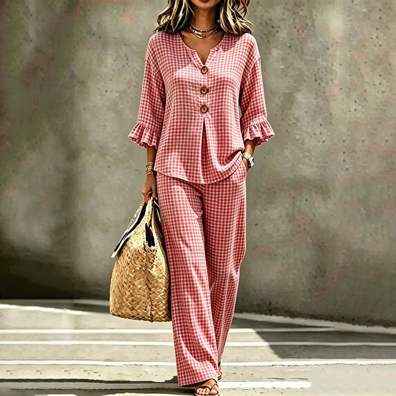 Women's Plaid Ruffle Sleeve V-Neck Top & Pants Set