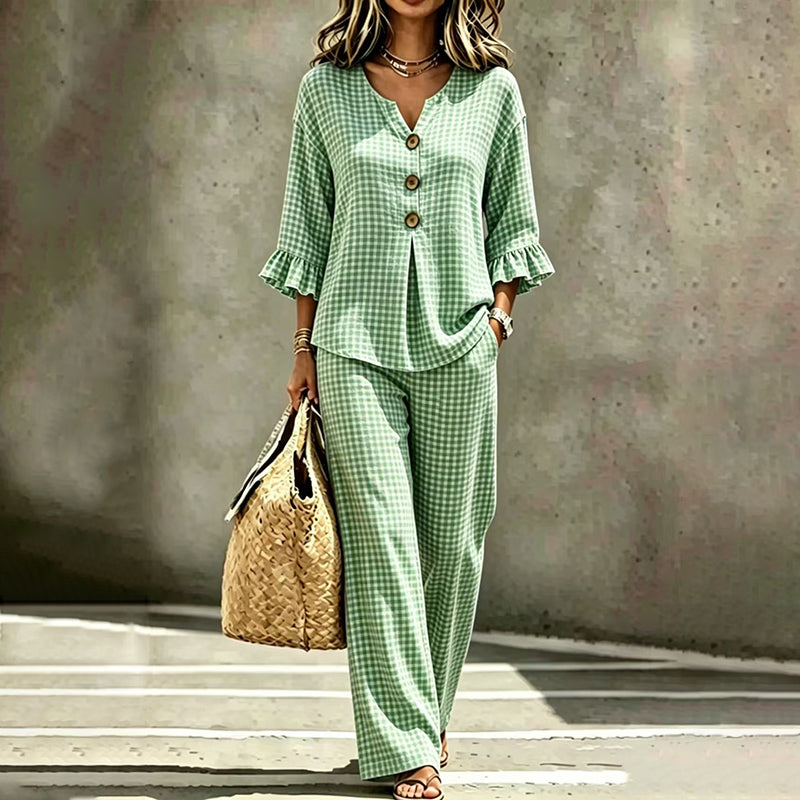 Women's Plaid Ruffle Sleeve V-Neck Top & Pants Set