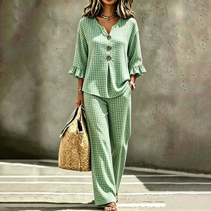Women's Plaid Ruffle Sleeve V-Neck Top & Pants Set