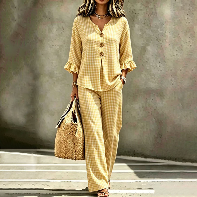 Women's Plaid Ruffle Sleeve V-Neck Top & Pants Set