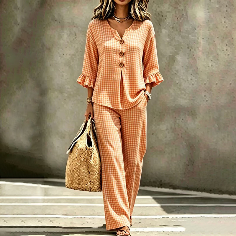 Women's Plaid Ruffle Sleeve V-Neck Top & Pants Set