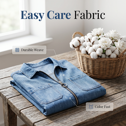 Women Casual Denim Shirt Dress Loose Lapel Short Sleeve Zipper Dress with Pockets