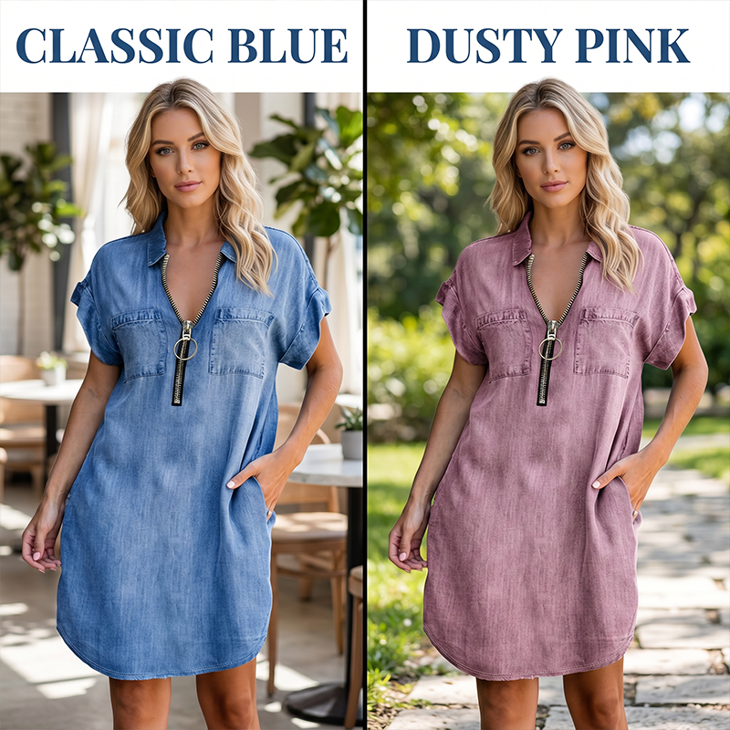Women Casual Denim Shirt Dress Loose Lapel Short Sleeve Zipper Dress with Pockets